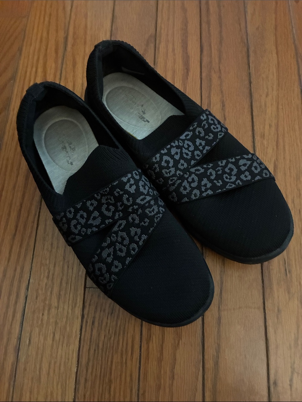 Clarks Black Slip-On Sneakers with Leopard Print Elastic Straps